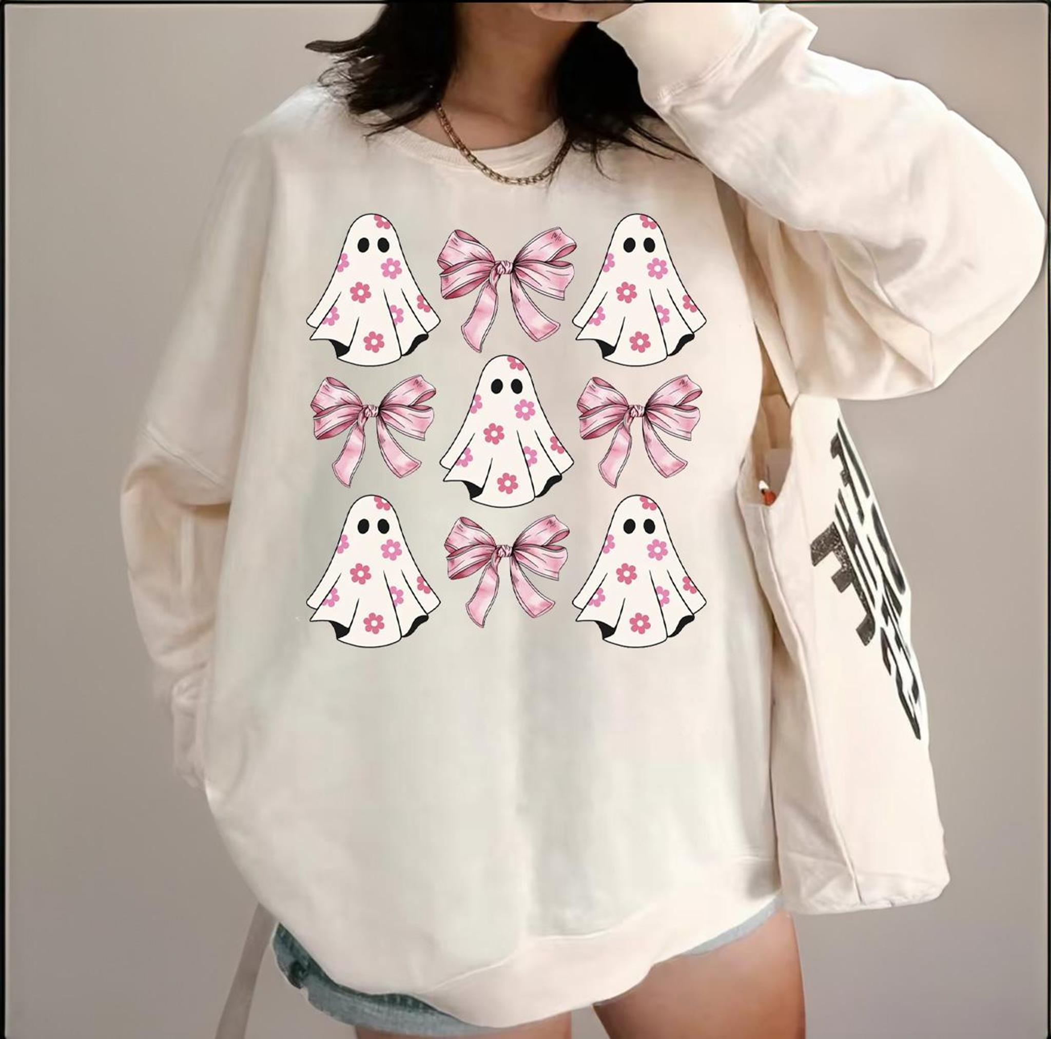 Coquette Pink Bow Ghost Sweatshirt Coquette Halloween Shirt Cute Ghost Tee Pink Coquette Halloween Shirt Pink Spooky Vibes Sweatshirts Coquette Halloween Sweatshirt